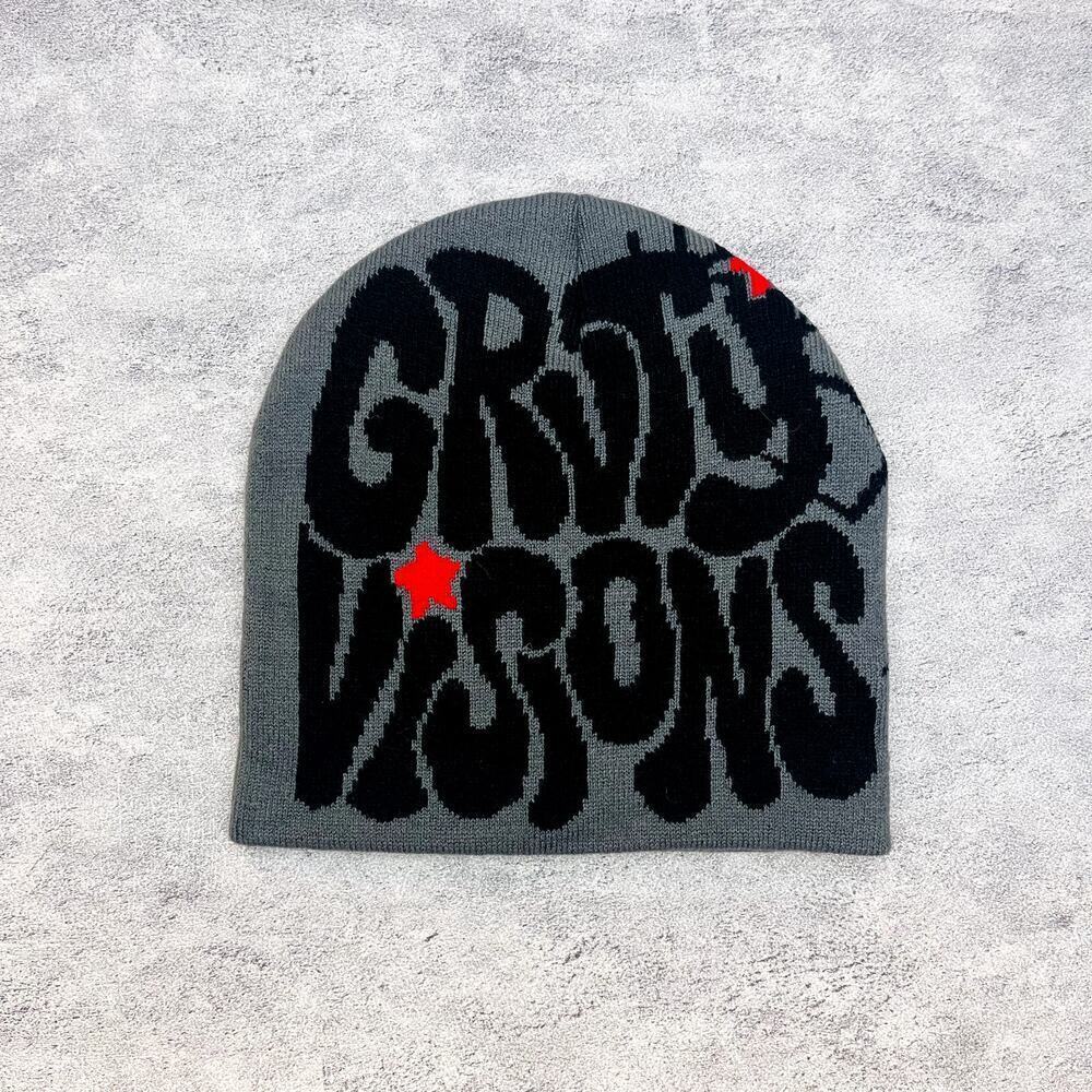 y2k 2000s grunge gothic spiderweb gray and black Grvty visions beanie